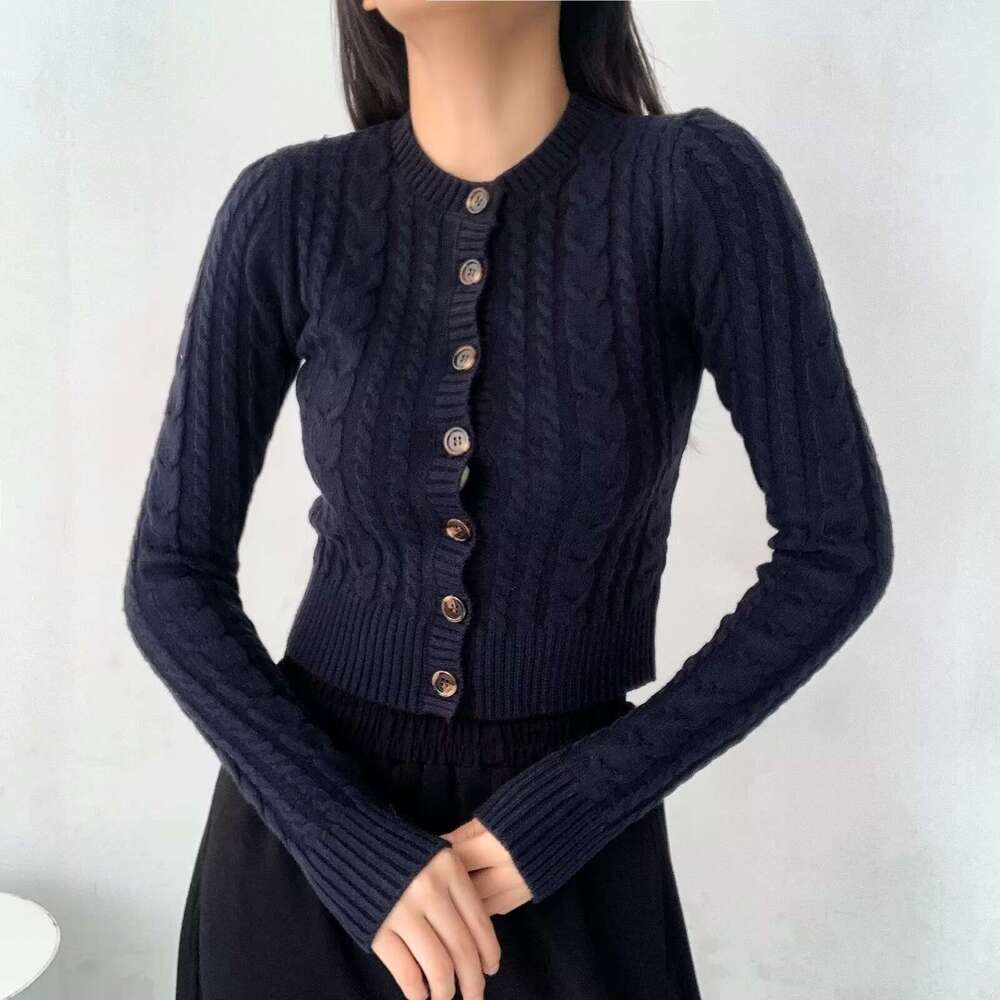 American Style Cable Knit Round Neck Long Sleeve Sweater Autumn Single-Breasted Slim Fit Fashionable Youthful Short Cardigan B5