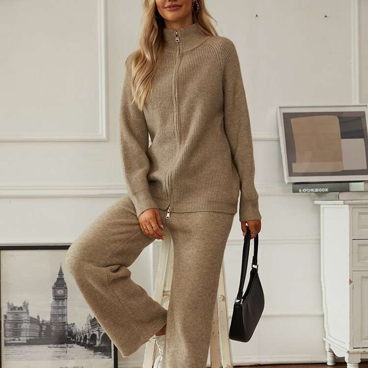 Autumn Winter New Thickened Style Knitted Suit Women Zipper Turn-Down Collar Sweater Cardigan + Wide-Leg Pants B5