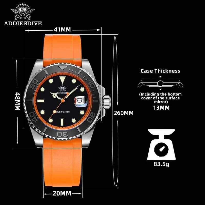 ADDIESDIVE Rotatable Bezel For Men 41mm Quartz Stainless Seel BGW9 Luminous Rubber Strap 200m Diving Men's Watch New free shipping