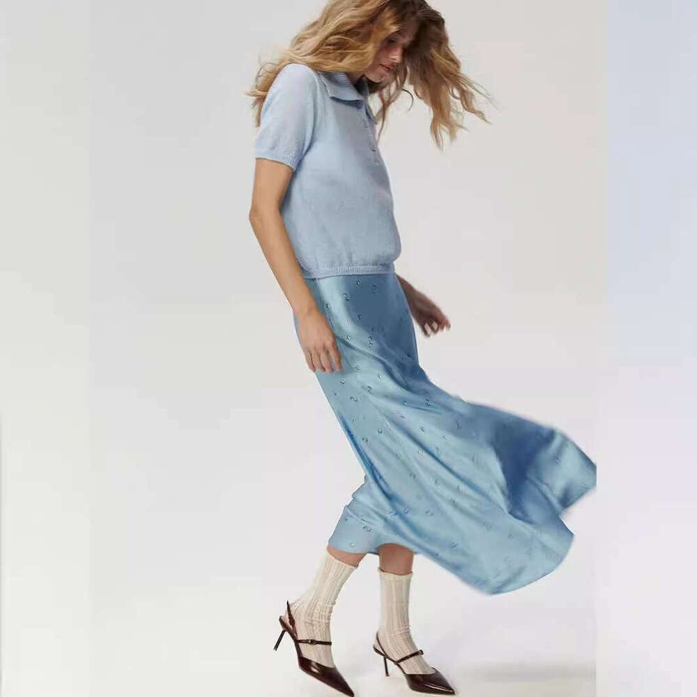 Printed Spring Summer New Elegant Floral Satin Print Draped High Waist Midi Skirt B5