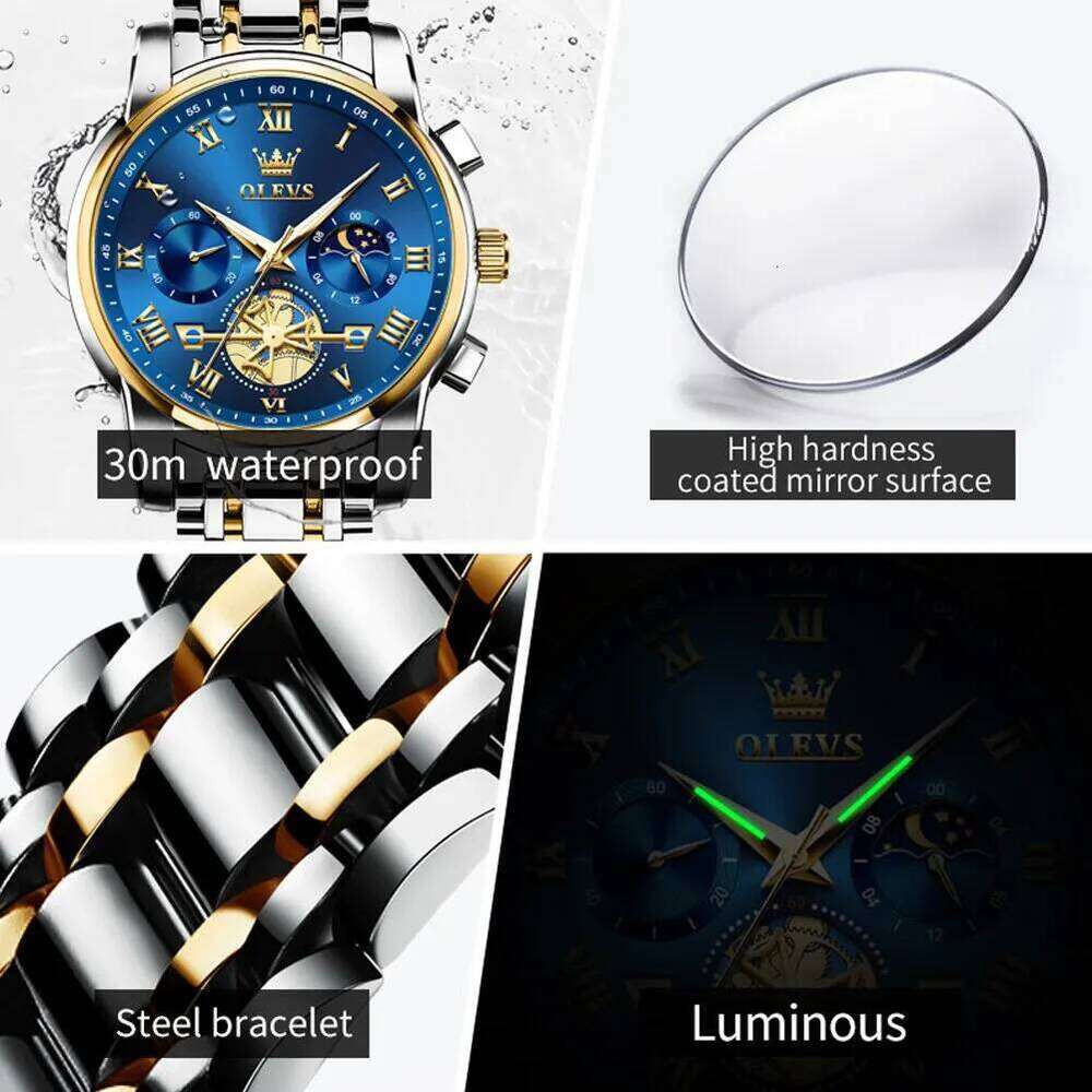 OLEVS Top Brand Mens Watches Classic Roman Scale Dial Wrist Watch for Man Original Quartz Waterproof Luminous Chronograph free shipping