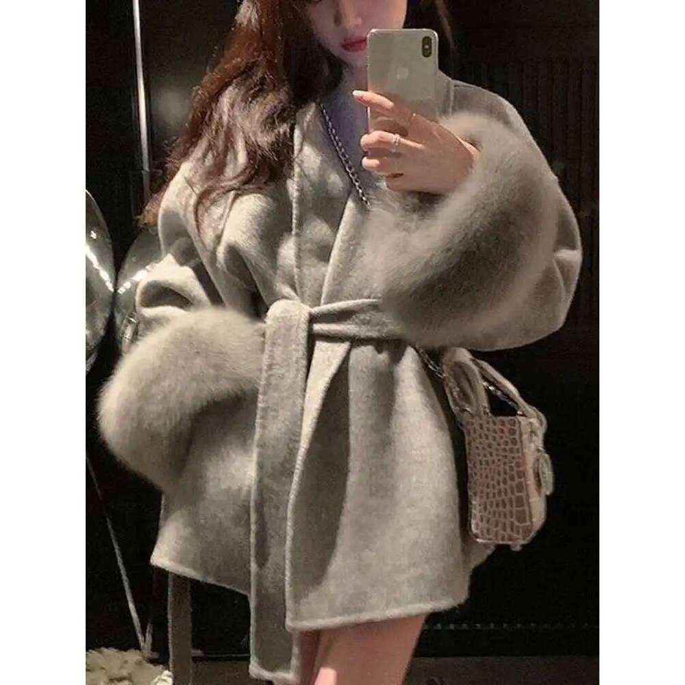 Elegant OL Office Lady Overcoats Fur Patchwork Long Sleeve Woolen Coat Beautiful Women's Clothing Jacket Autumn Spring