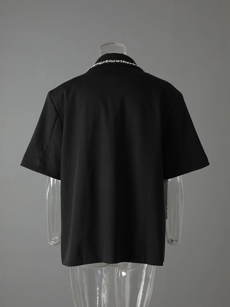 EAM Women Black Rhinestones Elegant Big Size Blazer Lapel Short Sleeve Jacket Fashion Spring Summer CPG3617 250703