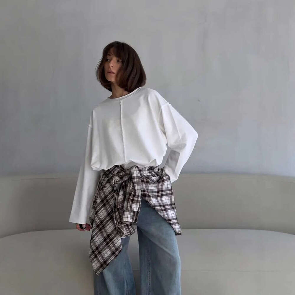 Spring Summer New Frayed Pure Cotton Long Sleeve T-Shirt For Loose Soft Knitted Terry Cloth Top Women Ins B5