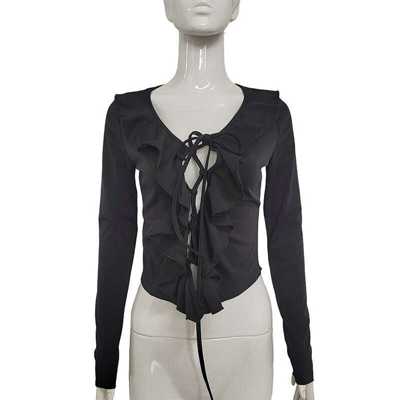 New Style Lace-Up Long Sleeve Women's Ruffled Sweet Spicy Pure Desire Short Top V-Neck Slim Sexy B5