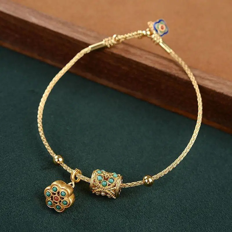 Ancient gold craftsmanship inlaid turquoise lotus with adjustable bracelet temperament retro ancient ladies jewelry 250712