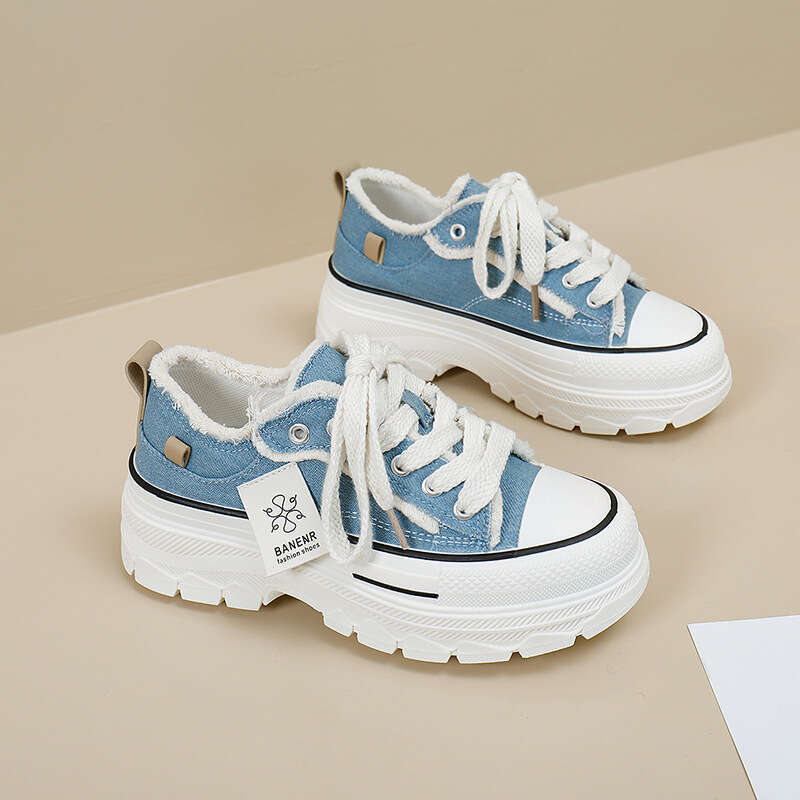 2025 Spring New Thick-Soled Canvas Free shipping for Women Round Toe Tassel Denim Student Casual Shoes Height Increasing Sneakers 606
