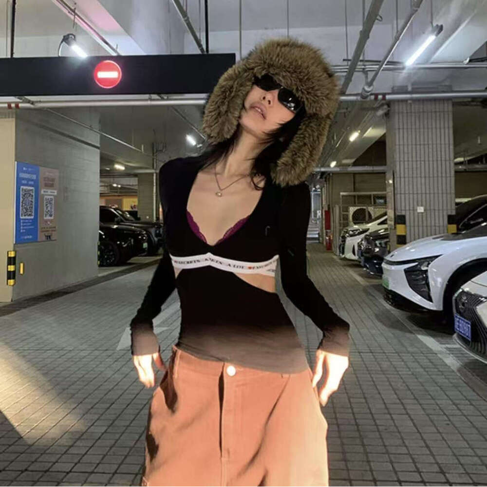 American Style Spicy Girl V-Neck Waist-Exposing Fake Two-Piece Pure Desire Sexy Top For Women Summer Niche Design Slim Fit Long Sleeve B5