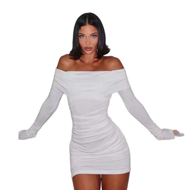 Autumn Winter New Hot Girl Off-Shoulder Knitted Long Sleeve Bodycon Ruched High-End Dress B5 g7