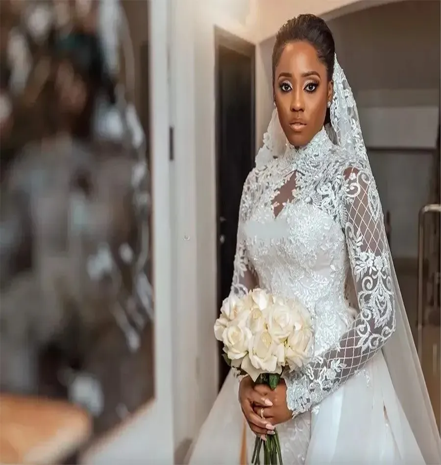 Plus Size Mermaid Wedding Dress Arabic Aso Ebi Sheer Neck High Bride Dress Long Sleeves Gowns Dresses African Arabic Charming Train Formal Bridal Gown