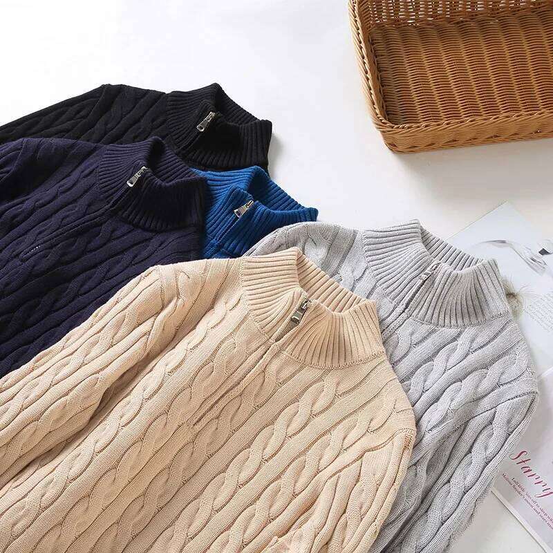 Autumn Winter Men Knitted Mock Neck Cotton 100% Sweater Fashion Keep Warm Twist Business Casual Long Sleeve Knitwear Tops