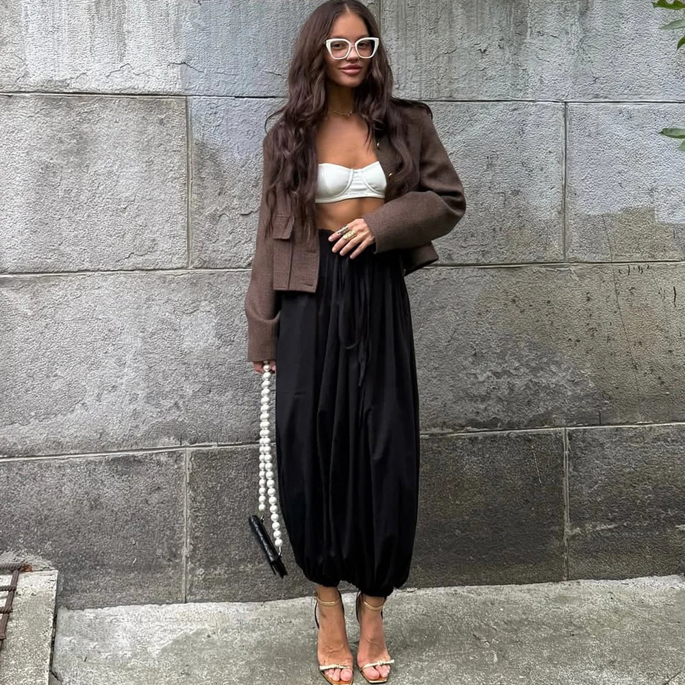 Talenza Female Fashion Trousers Summer Loose Pleated High Waist Solid Patchwork Casual Wide Leg Pants 2025 Women 250714