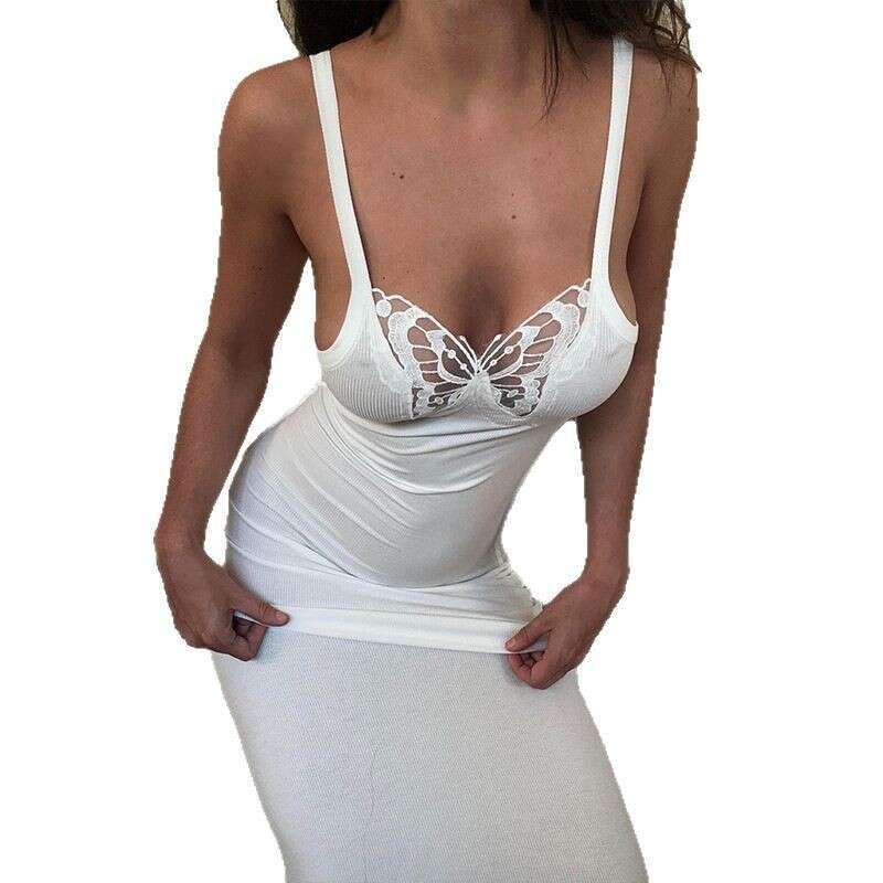 Butterfly Hollow Out Ribbed Sexy Strap Slim Fit Hot Girl Bodycon Long Dress Elegant Waist-Cinching B5