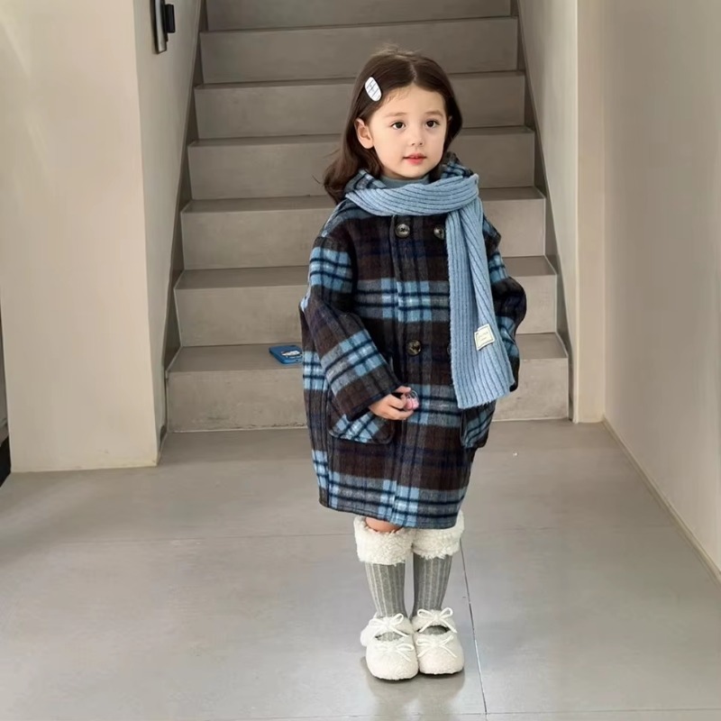 Children's Coats Plaid Printed Woolen Padded Hooded Coat Kids Jackets for Girls Winter Clothes Kids Jacket