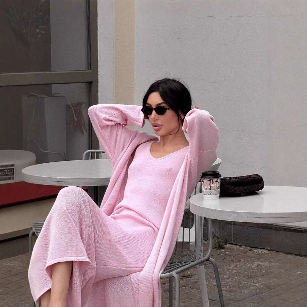 Pure Cotton Hollow Out Vest Dress + Long Sleeve Cardigan Set For Women Soft Knitted Cover-Up B5