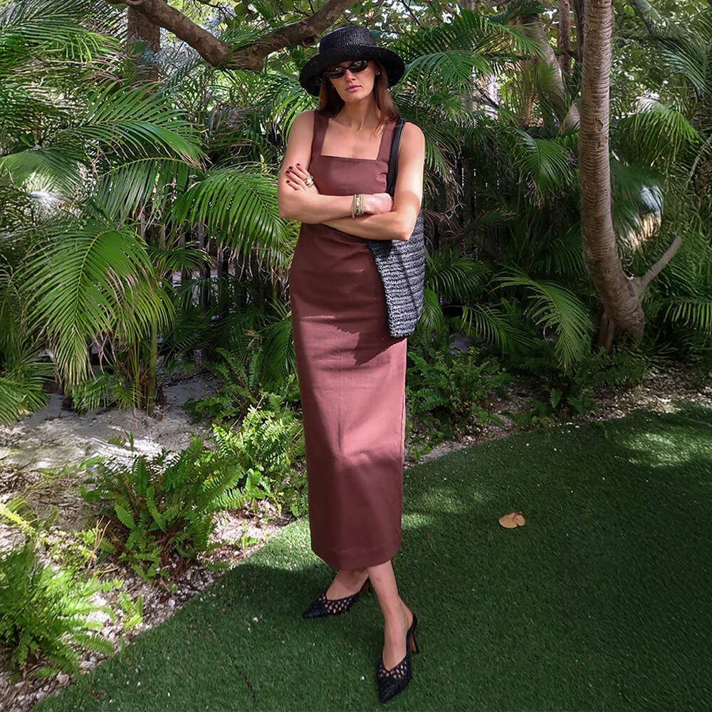 Minimalist Solid Color Square Neck Strap Summer New Slim Fit Cotton Linen Long Dress B5