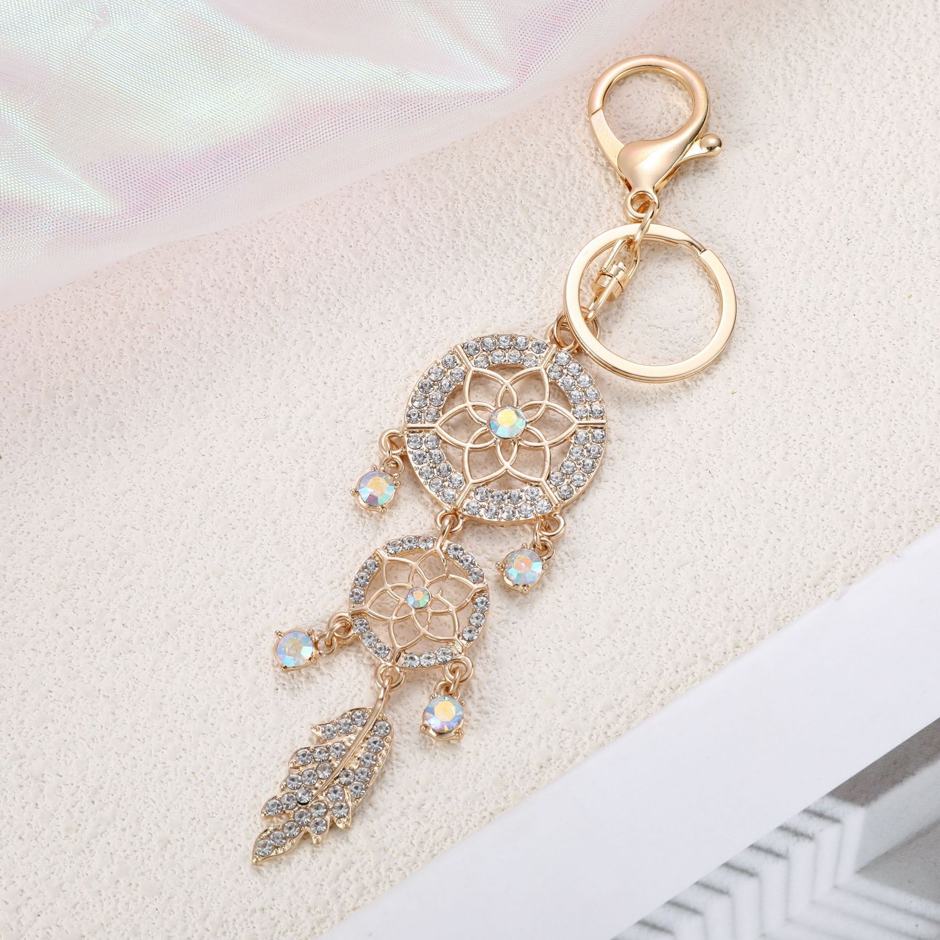 Diamond-inlaid Hollow Feather Bag Charms Creative Metal Keychain Hanging Decoration Women's Bag Accessories