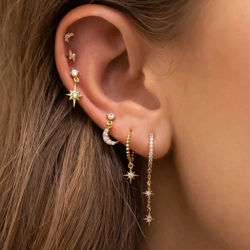 6PCS New Stainless Steel Chain Star Moon Hoop Earrings Set For Women Cubic Zirconia Pendant Cartilage Earring Piercing Jewelry X2507181