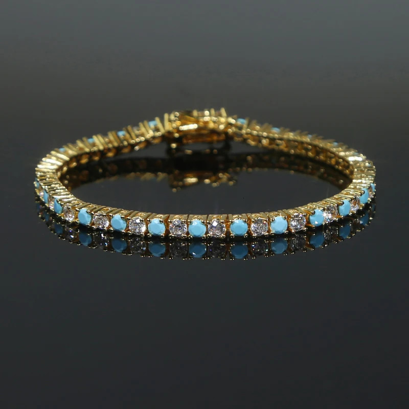 Mix White Turquoises Round 3MM CZ Prong Set Tennis Chain Bracelet Gold Color Fashion High Quality Women Jewelry 250717