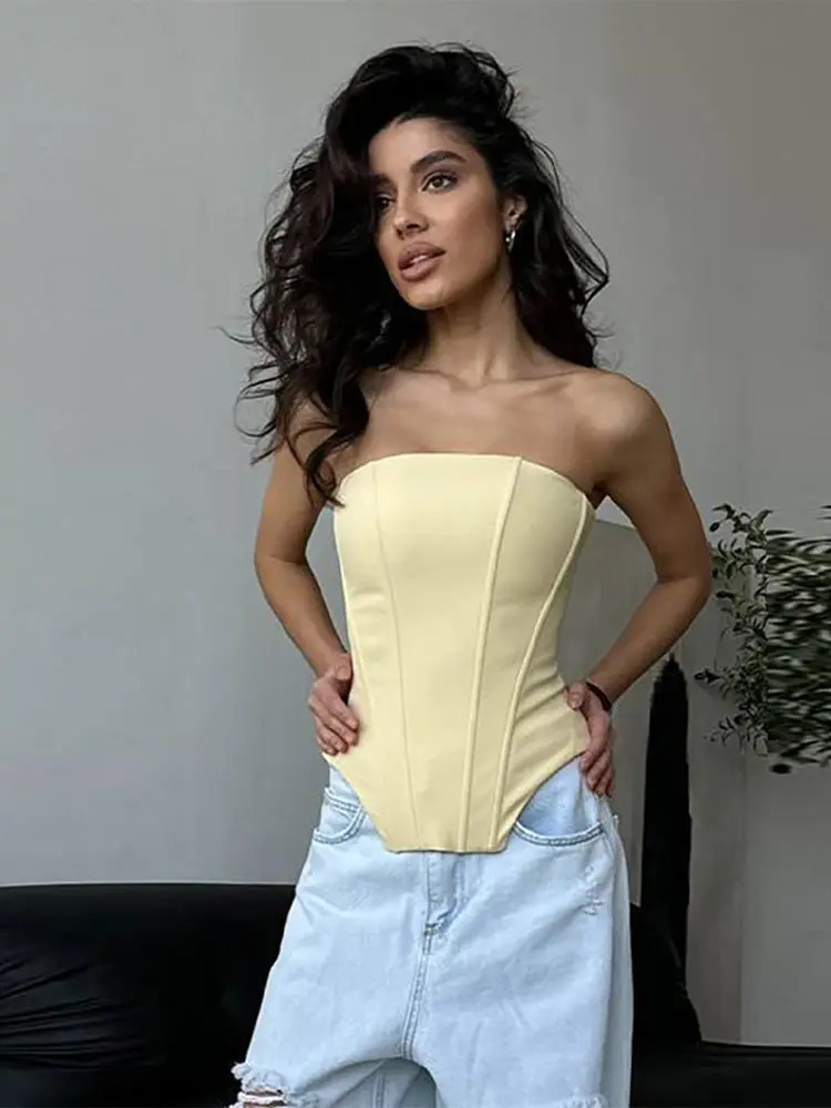 Two Piece Set Fishbone Strapless Vest Top Suit Short Jacket Solid Color Slim Fit Fashion Women Tank Blouse Waist Cinched Coat 250715