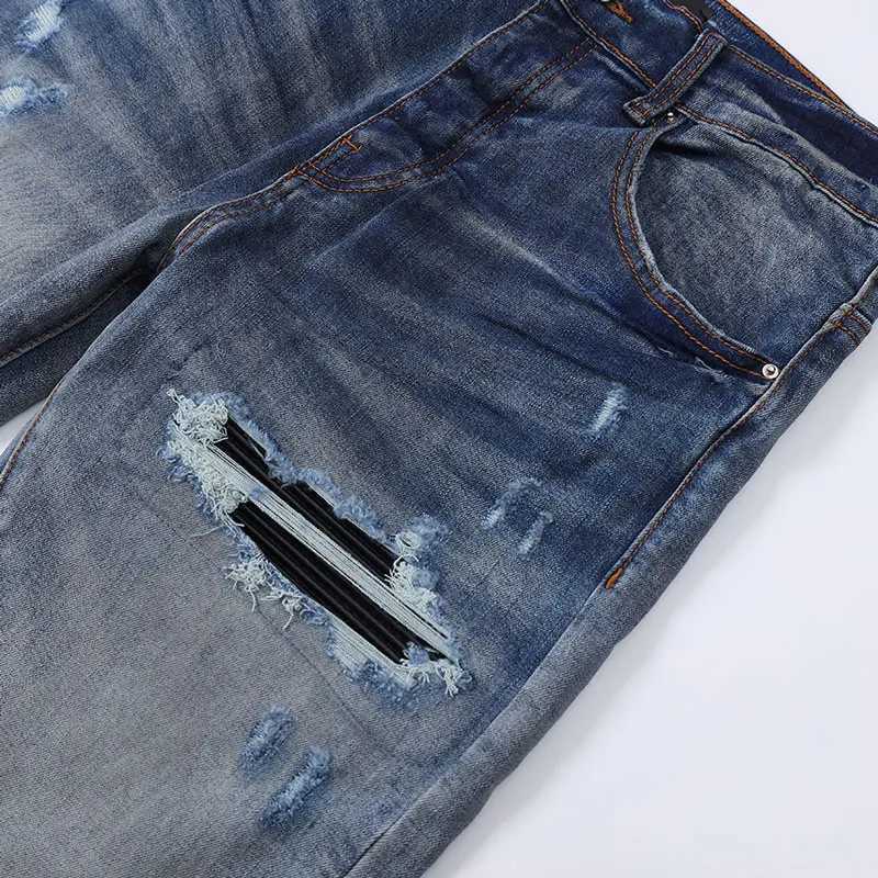 Designer Fashion Washed Nostalgic Elastic Slimming RETRO Washed Blue Hole Patch Jeans High Street Hip Hop Brand X250718