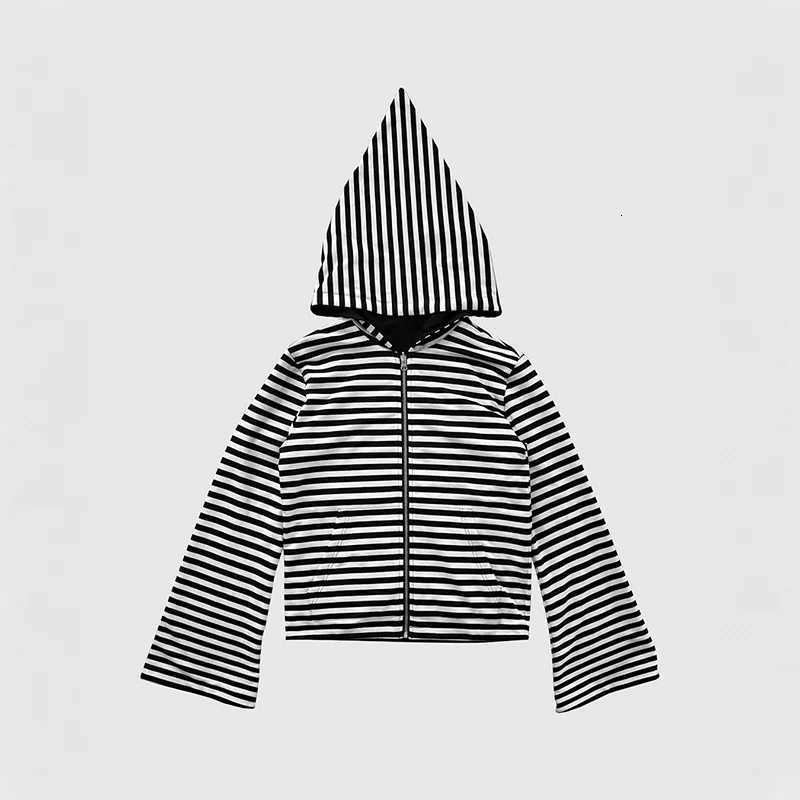 2K Fashion Trend Hoodie Black White Horizontal Striped Pointed Hood Design Zip Hoodie Gothic Men Women Punk Casual Streetwear X2507181