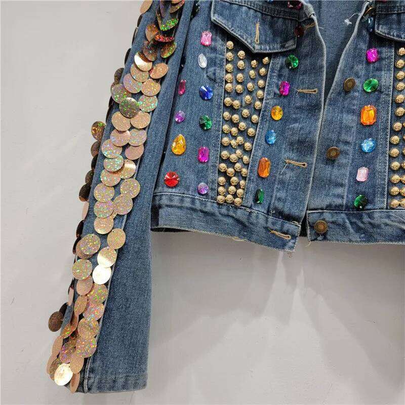 Women Rainbow Dias Beaded Denim Jacket Rhinestones Rivets Jeans Bright Green Sequined Sleeve Cowboy Coat Cardigan Tops