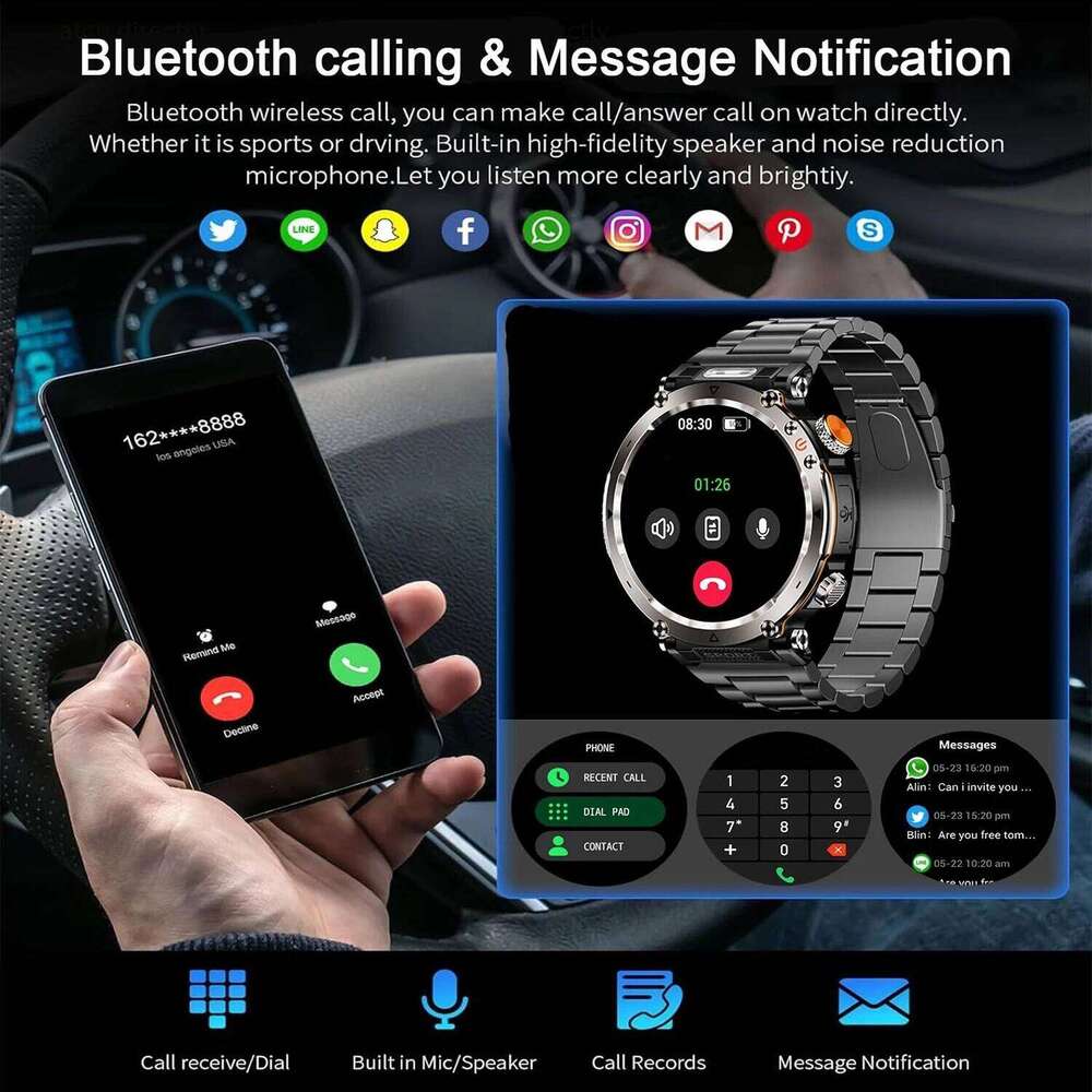 5ATM Waterproof Smart Watch Men 600mAh Outdoor SmartWatch GPS Compass Heart rate LED Flashlight Bluetooth Call Sports Smartwatch free shipping