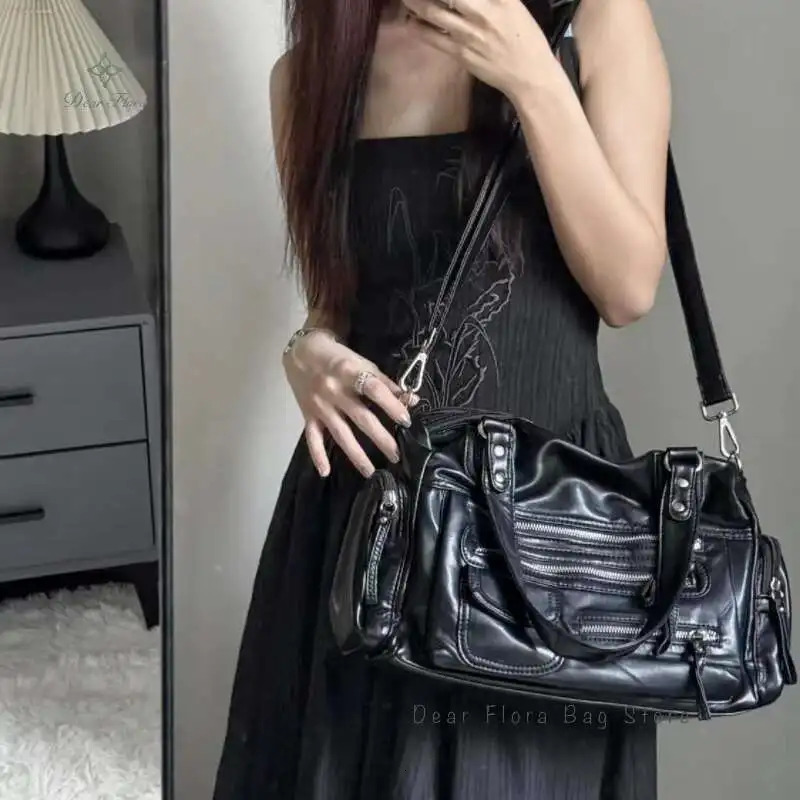 Y2k Women Black Vintage Shoulder Bags Punk Gothic Crossbody Bag Multi Pocket Handbags PU Leather Fashion Large Capacity Tote Bag 250715