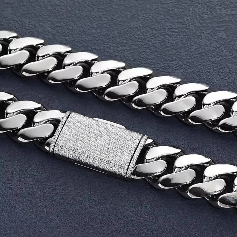 Hiphop Necklace Cuban Chain 20mm Custom Clasp 925 Sterling Silver VVS Moissanite Plain Miami Cuban Link Chain