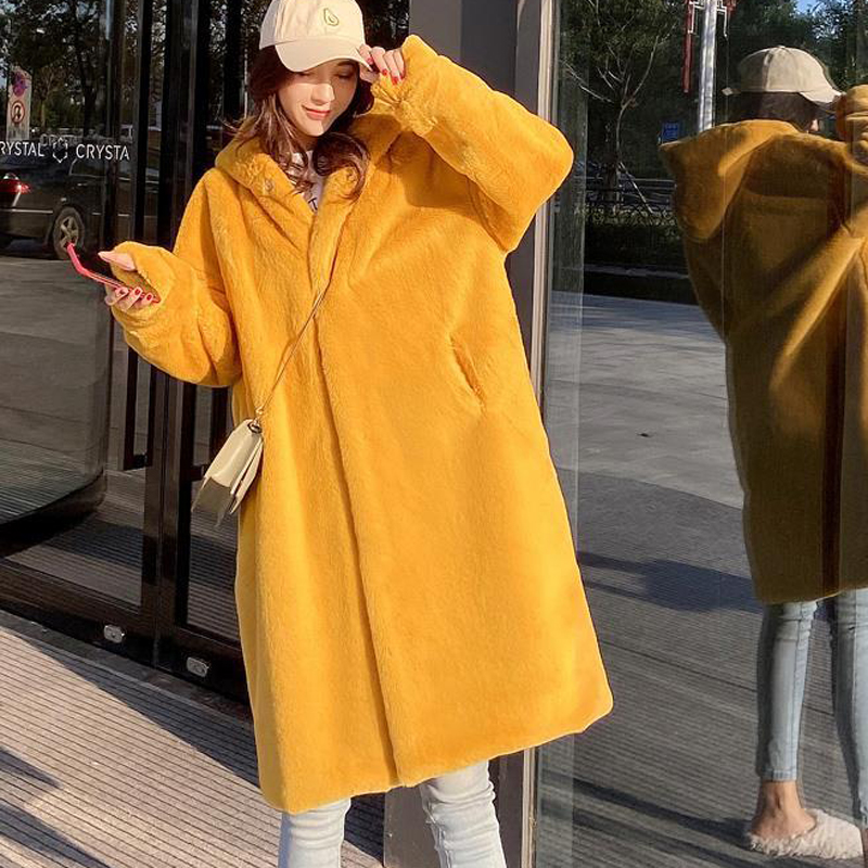 New Women Winter Faux Fur Coat Hooded Long Fur Coats Thick Warm Female Plush Plus Size Loose OverCoat