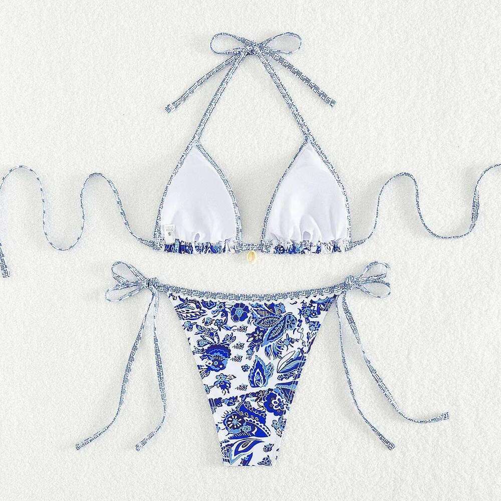 Vintage Blue Floral Print Swimwear Halter String Triangle 3 Piece Bikini Set Cover Ups Sexy Swimsuit Women 2025 Bikinis De Muejr