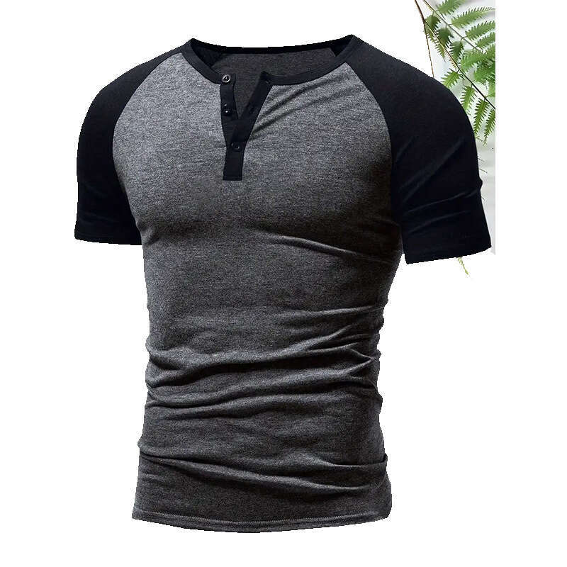 Summer Men's T-Shirt Trendy Brand Color Block Henley Shirt Crew Neck Casual Versatile Sports Short Sleeve B5
