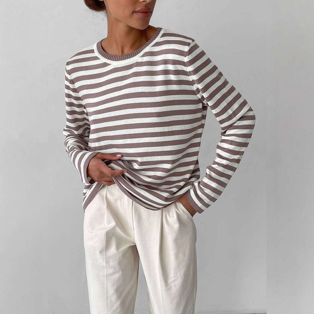 Round Neck Knitted Spring Versatile Classic Striped Pullover Sweater For Women B5