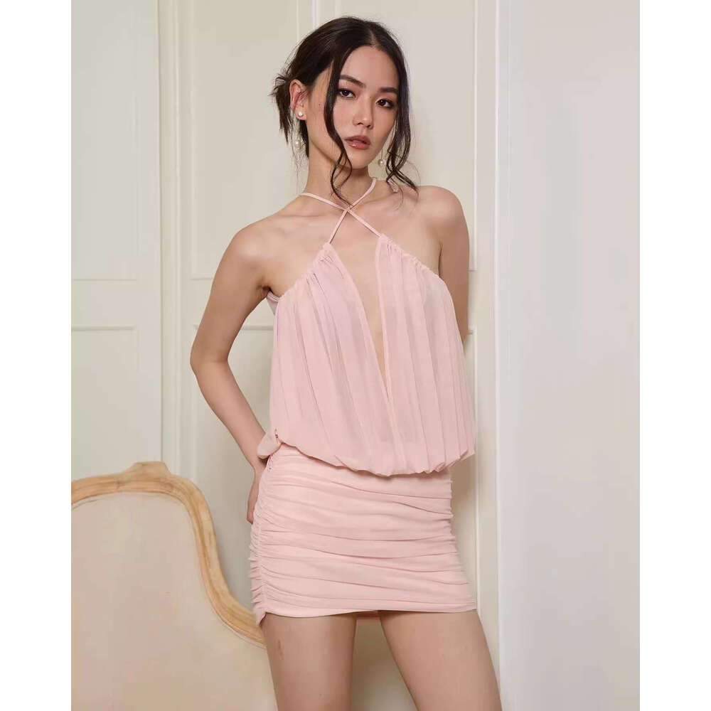 Sexy Hot Girl V-Neck Halter Strap Female Niche Temperament Backless Lace-Up Waist Slimming Bodycon Short Dress B5