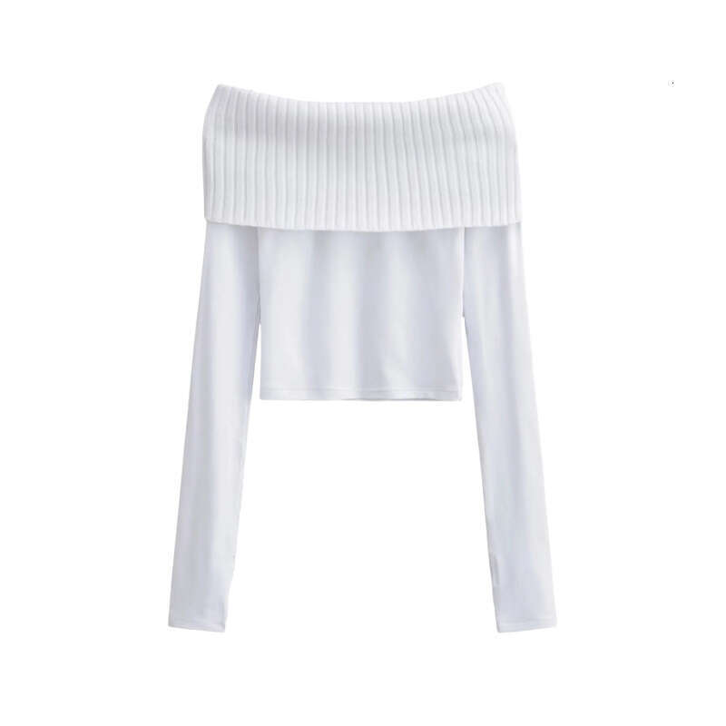 American Style Spicy Girl Sexy Off-Shoulder Knitted Patchwork Cuffed Long Sleeve T-Shirt Ultra Short Crop Top B5 g5