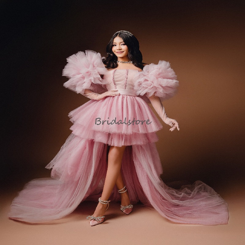 High Low Pink Birthday Dress 2025 Ruffles Sleeve Boho Tulle Prom Dress Elegant Cocktail Graduation Party Evening Skirt Holiday Ceremony Graduation Dre