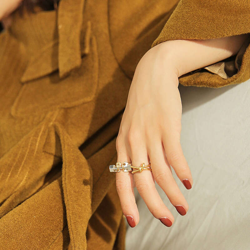 New Korean and Japanese Trend Double Layer Knotted Open Personality Simple Knot Design Gold Plated Ring Niche Jewelry