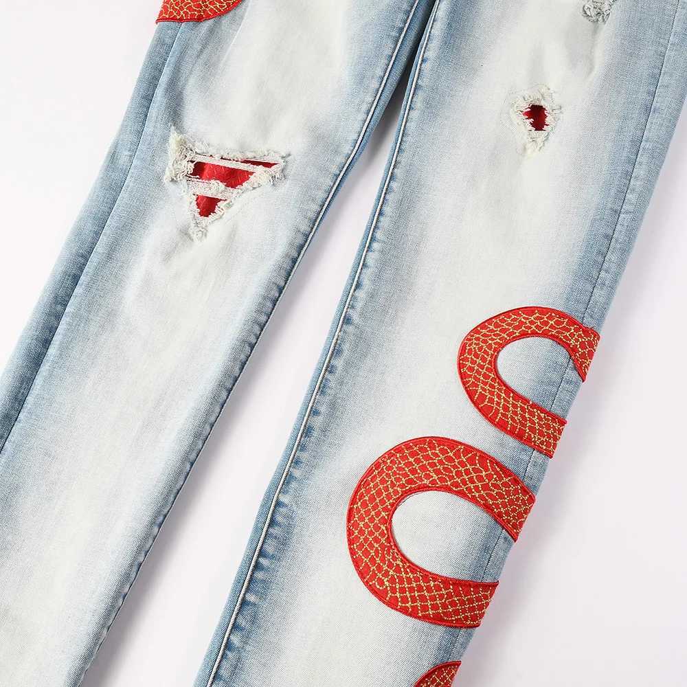 Mens Snake Embroidery Skinny Jeans Streetwear Red Leather Patch Pants Holes Ripped Distressed Denim Tapered Trousers X250718