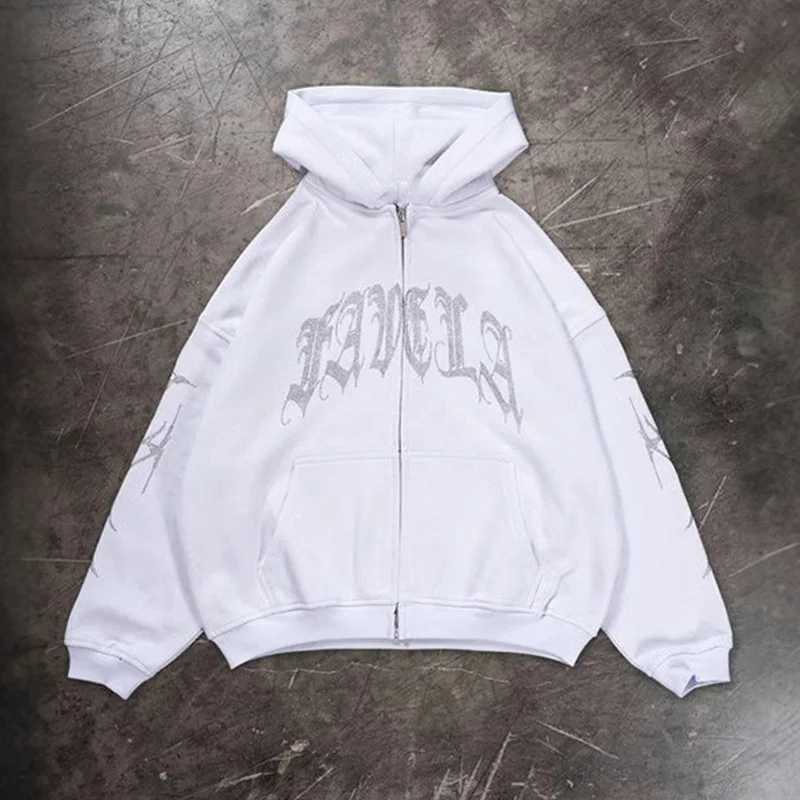 2K Rhinestone Skeleton Hoodies Men Gothic Black Zip Up Oversized Sweatshirts Female Retro Harajuku Hooded Jacket Streetwear X250718