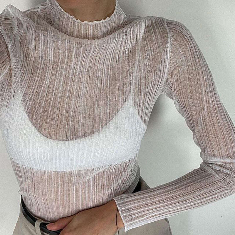 Ins Style Early Autumn New Women's Long Sleeve Mesh Sheer T-Shirt Solid Color High Neck Slim Fit Top B5