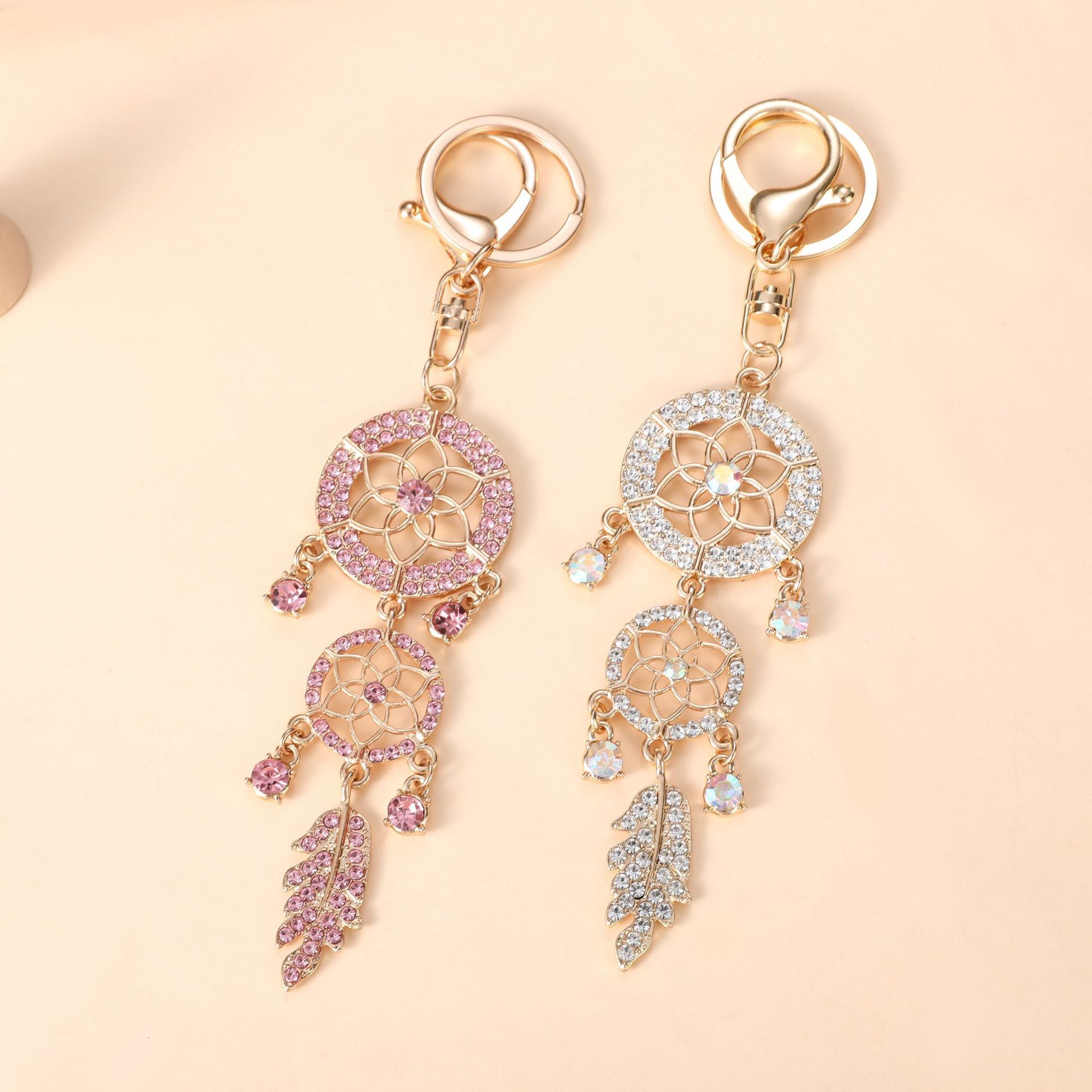 Diamond-inlaid Hollow Feather Bag Charms Creative Metal Keychain Hanging Decoration Women's Bag Accessories