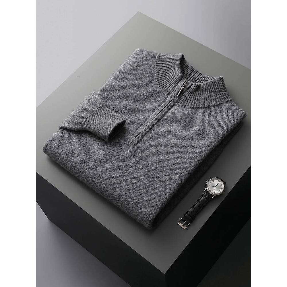 Men 100% Merino Wool Sweater Suit Mock Neck Zipper Pullover And Pencil Pants Autumn Winter Thick High Quality Knitwear Two Piece