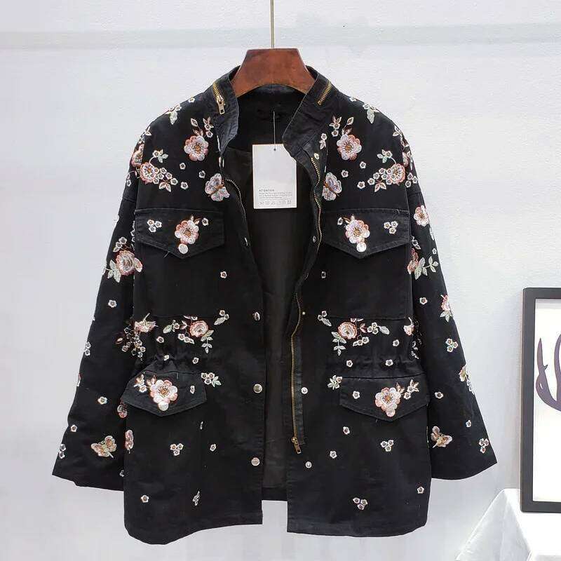 Spring Loose Beading Embroidery Flower Baseball Jacket Women Autumn Chic Long Sleeve Short Coat Windbreaker Female Streetwear