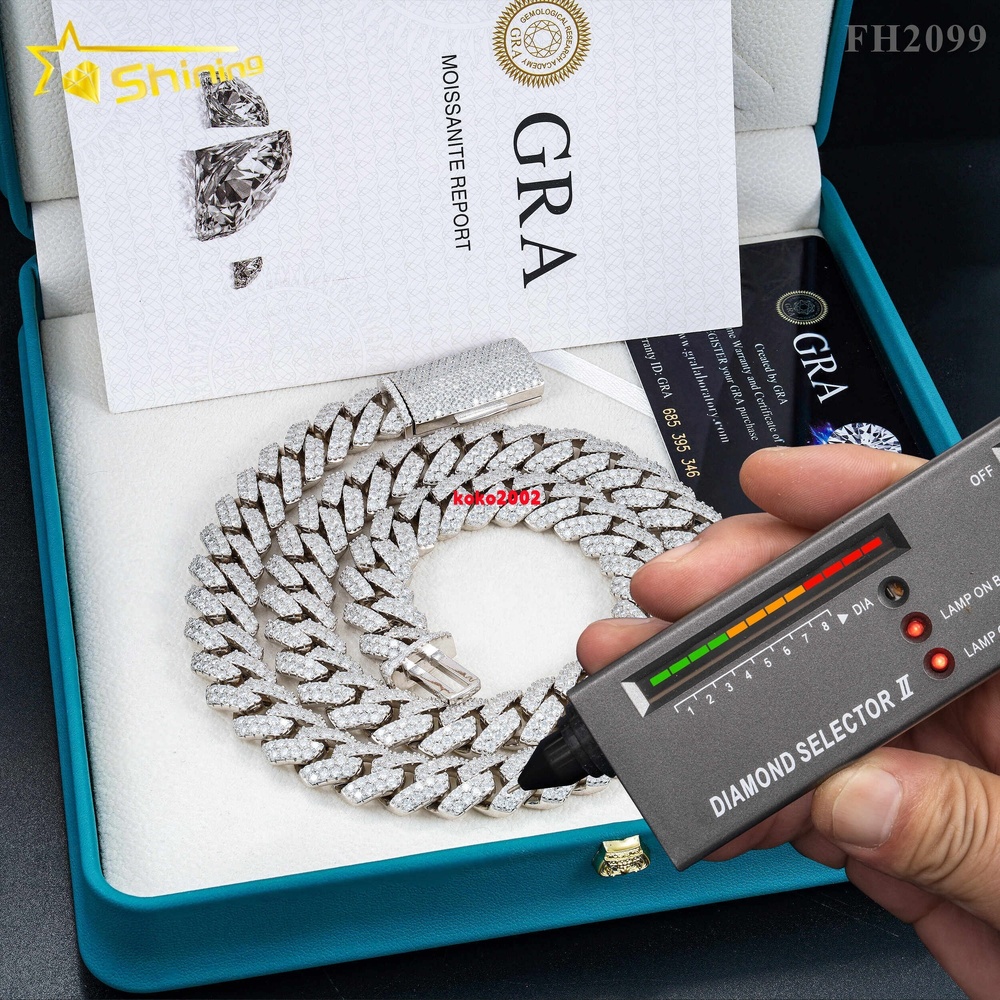 Iced Out Necklace 925 Sterling Silver 15MM Wide GRA Certificate Moissanite Hip Hop Jewelry Miami Cuban Link Chain