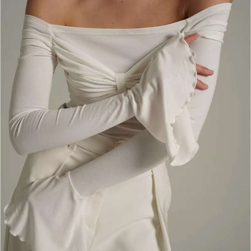 New Women Off-Shoulder Bow Long Ruffled Bell Sleeve Solid Color Simple Style Top B5