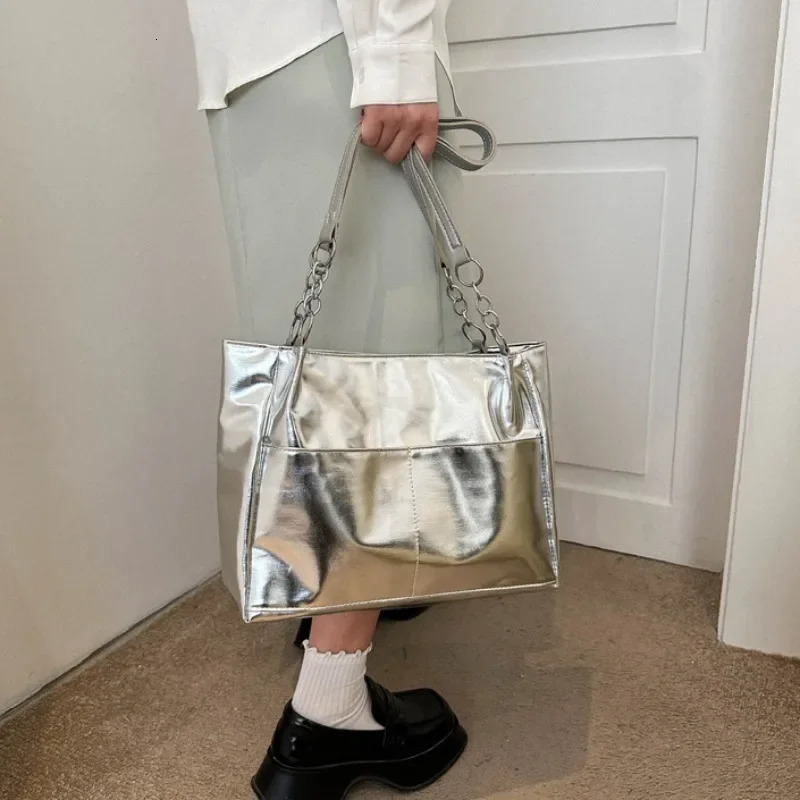 Casual Handbags for Women Large-capacity Shoulder Bags Texture Bright Pu Leather Tote Bags Chain Shopping Bag 250715