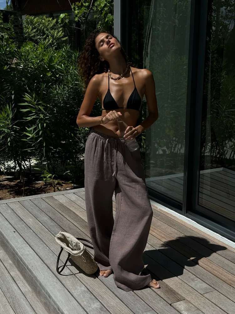 Elegant Cotton Linen Lapel Shirts Set Casual Elastic High Waist Solid Womens Loose Trousers Suit 2025 Lady 2 Piece Outfits 250715