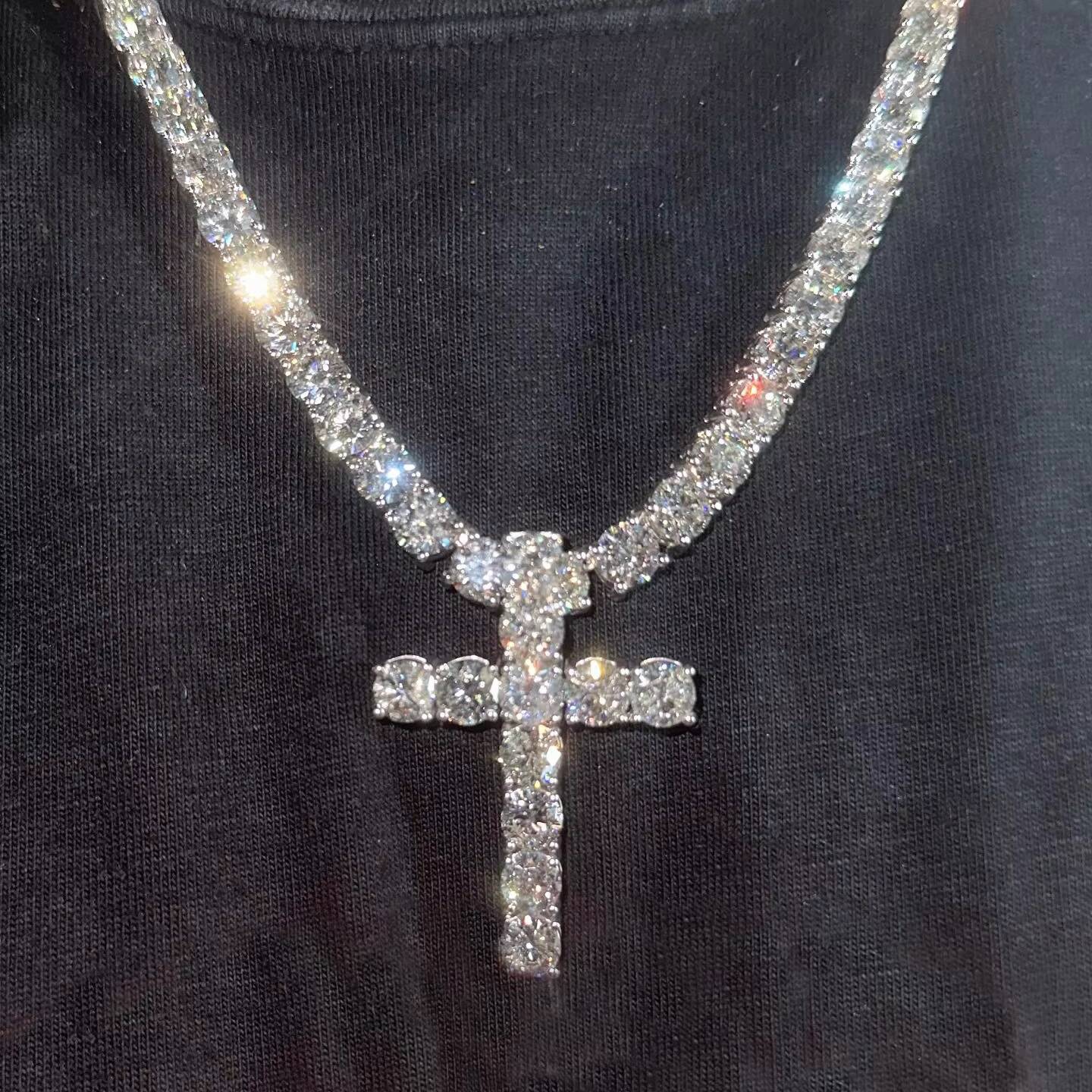 Hiphop 6mm Moissanite Tennis Necklaces Cross Pendant S925 Custom VVS Iced Out Moissanite Tennis Chain