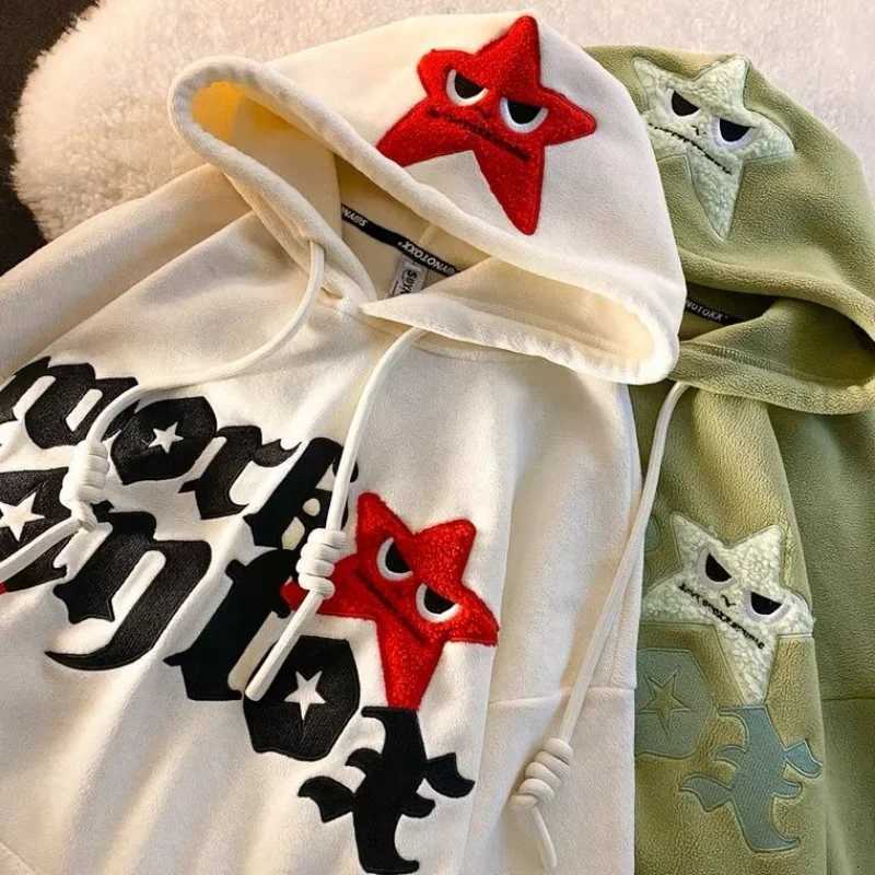 Street Five-Pointed Star Embroidery Letter Design Pullover Hoodies Women 2024 Autumn and Winter Niche Trend Y2K Baggy Sweatshirts XJ250717